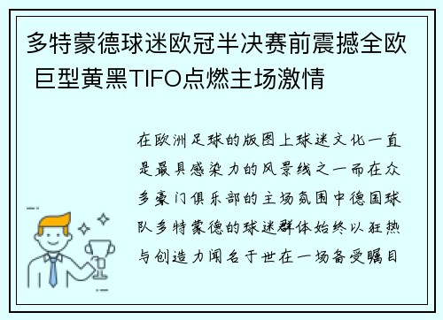 多特蒙德球迷欧冠半决赛前震撼全欧 巨型黄黑TIFO点燃主场激情